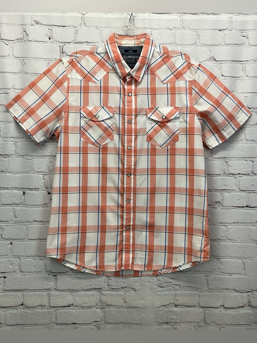 American Rag Shirt Men’s Size L Multicolor Plaid Snap Front Pockets Short Sleeve